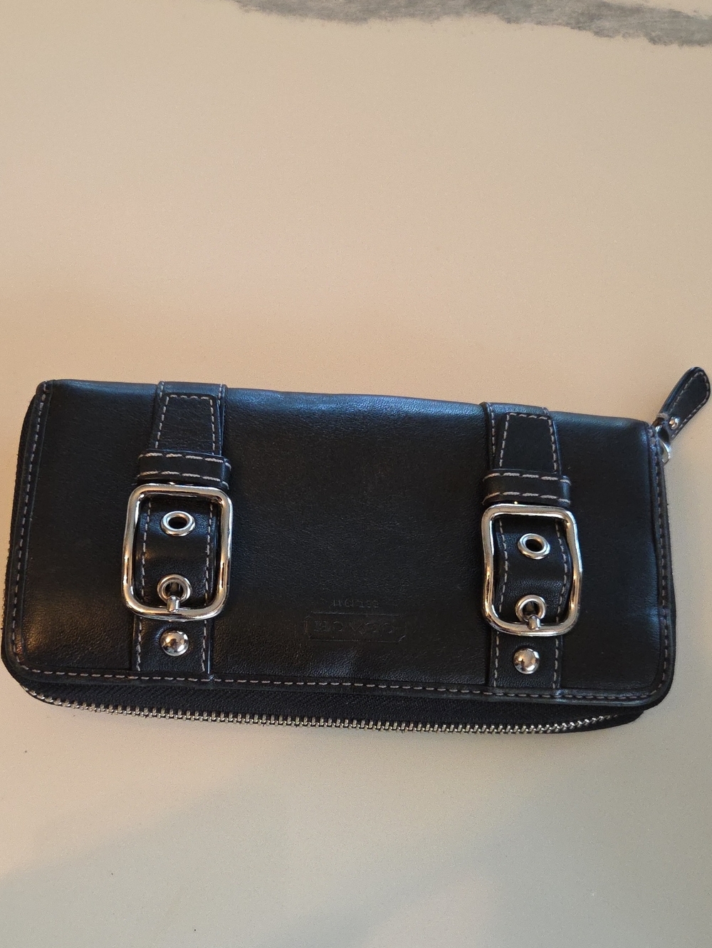 Coach Black Leather Zip Wallet with Silver Buckles